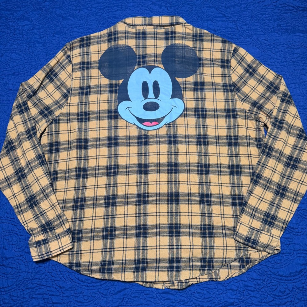Disney Mickey Mouse Plaid Flannel Shirt Tan Navy Blue 3X Graphic Back Button Up